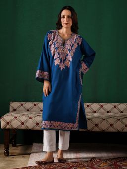 Kashmir Box - Aari and Zari Embroidered Teal Blue Cashmilion Winter Kurta