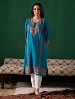 Kashmir Box - Blue Zari Embroidered Cashmilion Winter Kurta