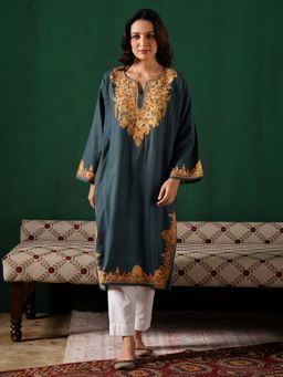Kashmir Box - Aari Embroidered Grey Cashmilion Winter Kurta