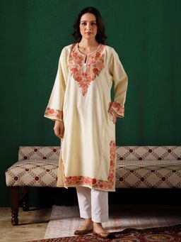 Kashmir Box - Beige Aari Embroidered Cashmilion Winter Kurta