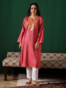 Kashmir Box - Golden Boti Tilla Embroidered Pink Cashmilion Winter Kurta