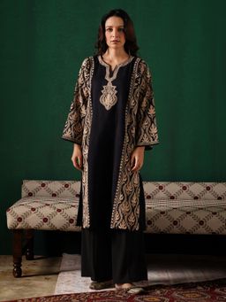 Kashmir Box - Aari Embroidered Black Cashmilion Winter Kurta