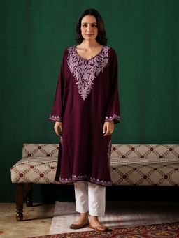 Kashmir Box - Aari Embroidered Wine Cashmilion V-Neck Phiran Kurta