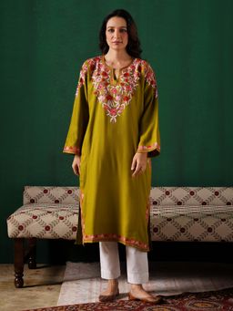 Kashmir Box - Aari Embroidered Green Cashmilion Winter Kurta