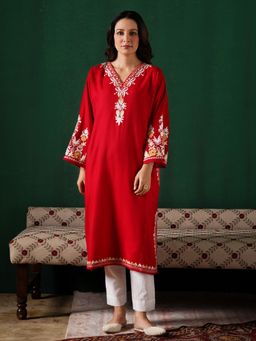 Kashmir Box - Aari Embroidered Red Cashmilion Winter Kurta