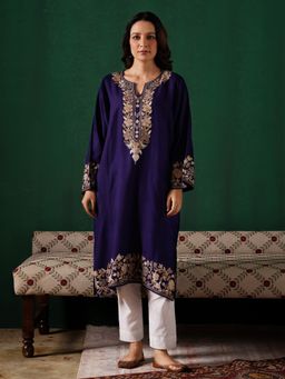 Kashmir Box - Aari Embroidered Blue Cashmilion Winter Kurta