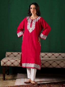 Kashmir Box - Silver Zari Embroidered Pink Cashmilion Winter Kurta