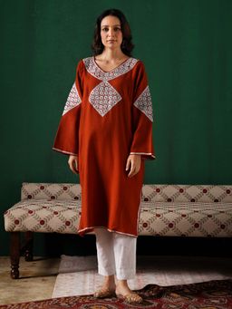 Kashmir Box - Orange Silver Boti Tilla Embroidered Winter Kurta