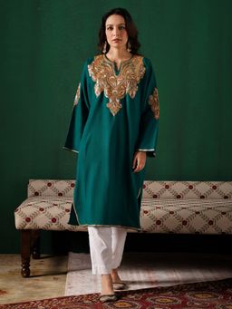 Kashmir Box - Golden Boti Tilla Embroidered Bottle Green Cashmilion Winter Kurta
