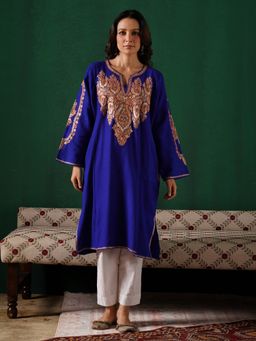 Kashmir Box - Golden Boti Tilla Embroidered Royal Blue Cashmilion Winter Kurta