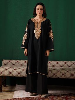 Kashmir Box - Golden Boti Tilla Embroidered Black Cashmilion Winter Kurta