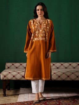 Kashmir Box - Aari Embroidered Mustard Cashmilion Winter Kurta
