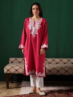 Kashmir Box - Aari and Zari Outlined Dark Pink Cashmilion Winter Kurta