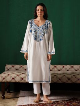 Kashmir Box - Aari Embroidered White Cashmilion Winter Kurta