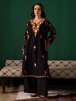 Kashmir Box - Aari Embroidered Black Cashmilion Winter Kurta