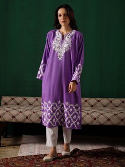 Kashmir Box - Aari Embroidered Purple Cashmilion Winter Kurta