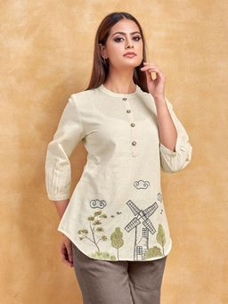 KAFTANIZE - Beige Thread Work Short Kurtis