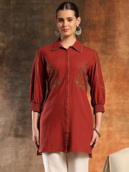 Nayam by lakshita - Rust Paisley Embroidered Button Down Shirt Kurti