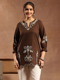 Nayam by lakshita - Brown Solid Embroidered A-Line Cotton Tunic