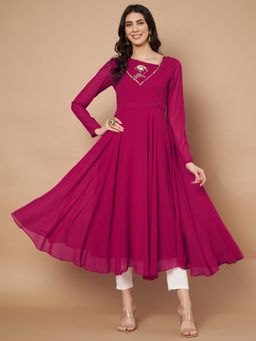 Poshak Hub - Women Pink Georgette Hand Embroidery Anarkali Kurta