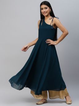 Poshak Hub - Women Teal Blue Georgette One Shoulder Anarkali Kurta