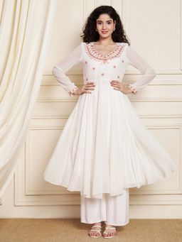 Poshak Hub - Women Off-White Ethnic Motifs Aari Work Georgette Anarkali Kurta