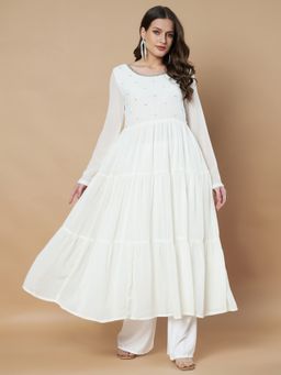 Poshak Hub - Women White Georgette Hand Embroidery Tiered Anarkali Kurta