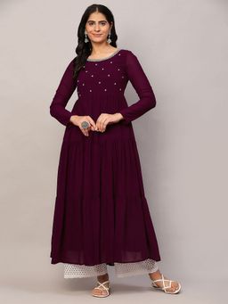 Poshak Hub - Women Purple Georgette Embroidery Tiered Anarkali Kurta
