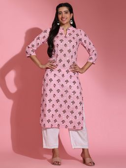 Poshak Hub - Women Pink ChikanKari Cotton Print Kurta