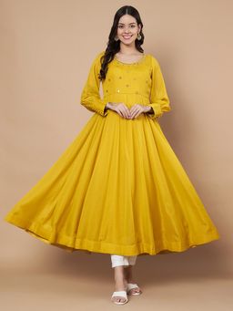 Poshak Hub - Women Yellow Georgette Mirror work Hand Embroidery Anarkali Kurta