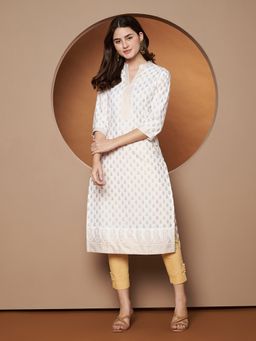 Poshak Hub - Women Cotton White Gold Print Straight Kurta