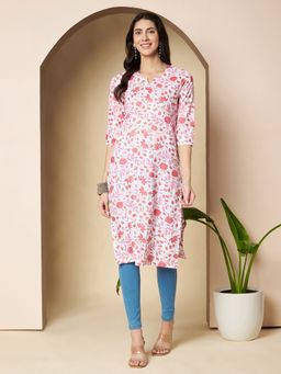 Poshak Hub - Women Cotton White and Pink Cotton straight Kurta