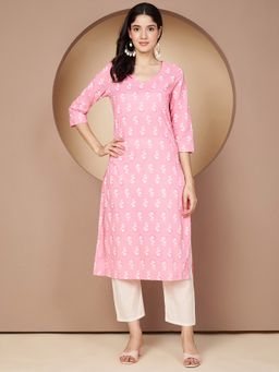 Poshak Hub - Women Pink Cotton A Line Kurta