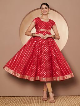 Poshak Hub - Women Red and Golden Chanderi Jaccard Flared Anarkali Kurta