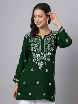 PARAMOUNT CHIKAN - Green Hand Embroidered Lucknowi Chikankari Modal Kurti