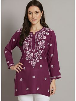 PARAMOUNT CHIKAN - Burgundy Hand Embroidered Lucknowi Chikankari Modal Kurti