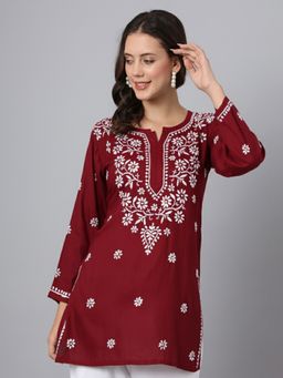 PARAMOUNT CHIKAN - Women Maroon Lucknowi Chikankari Modal Kurti