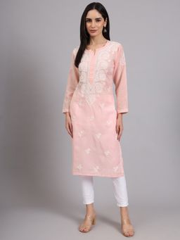 PARAMOUNT CHIKAN - Women Peach Lucknowi Chikankari Cotton Kurta