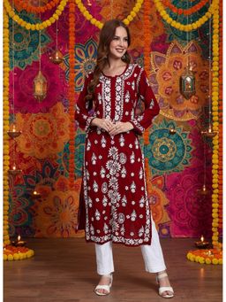 PARAMOUNT CHIKAN - Women Maroon Lucknowi Chikankari Modal Kurta