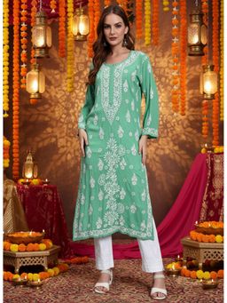 PARAMOUNT CHIKAN - Women Green Lucknowi Chikankari Modal Kurta