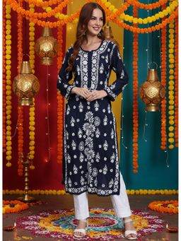 PARAMOUNT CHIKAN - Women Navy Blue Lucknowi Chikankari Modal Kurta