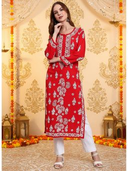 PARAMOUNT CHIKAN - Women Red Lucknowi Chikankari Modal Kurta