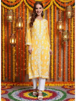 PARAMOUNT CHIKAN - Women Yellow Lucknowi Chikankari Modal Kurta