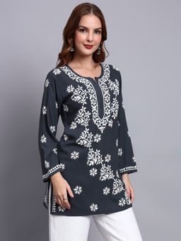 PARAMOUNT CHIKAN - Grey Lucknowi Chikankari Rayon Kurti