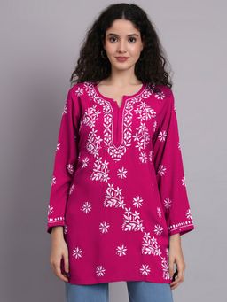 PARAMOUNT CHIKAN - Women Magenta Lucknowi Chikankari Rayon Kurti