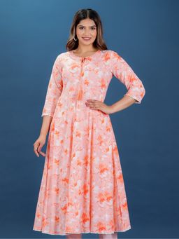 ARAMYA - Orange Soft Cotton Flared Floral Print Kurta