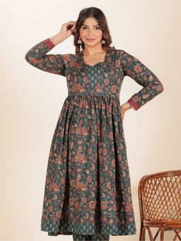 ARAMYA - Green Soft Cotton Anarkali Floral Print Kurta