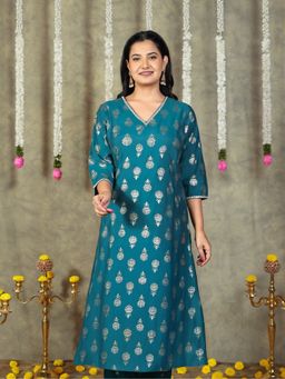 ARAMYA - Blue Roman silk Gold foil Print Kurta