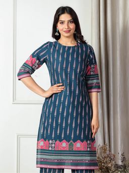 ARAMYA - Blue Soft Cotton Placement Print Kurta