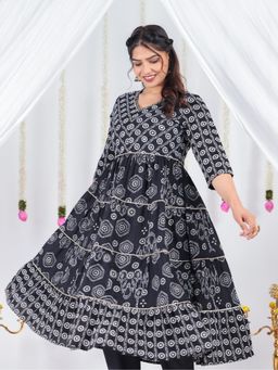 ARAMYA - Black Soft Cotton Anarkali Bandhani Print Kurta